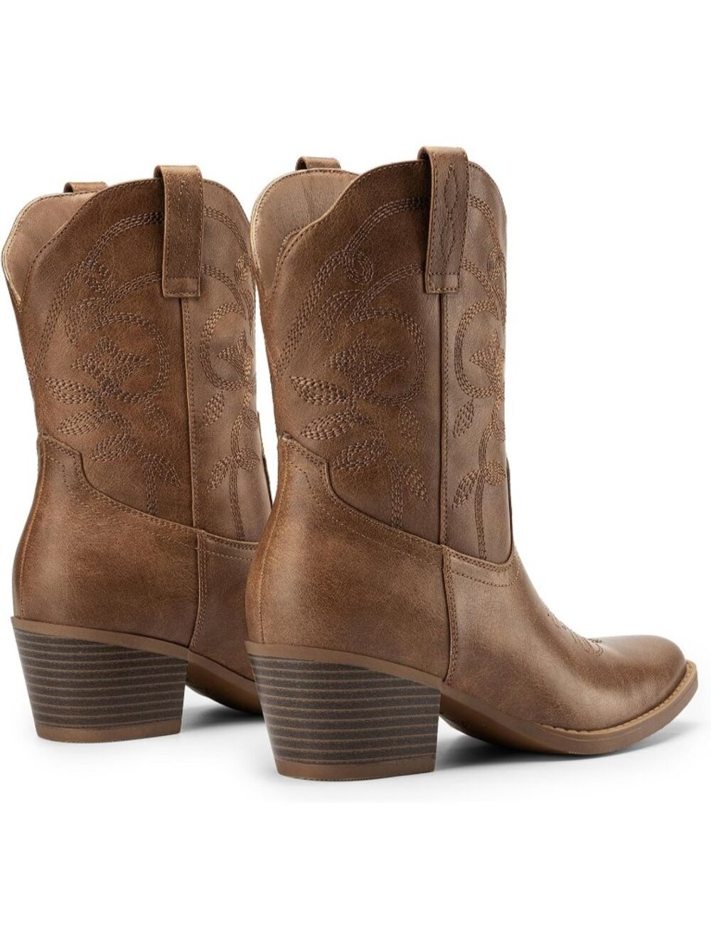 Women's Brown Ankle Boots Square Toe Low Chunky Heel Embroidery Western Booties - Picture 6 of 6